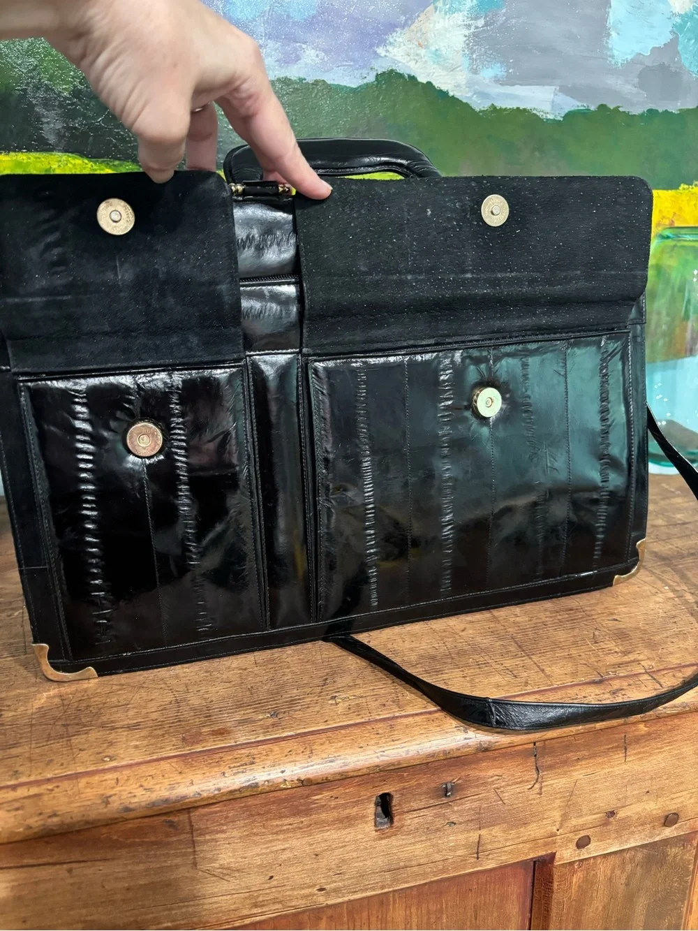 Vintage 80s Genuine Eel Skin Briefcase Crossbody Bag Black Gold Corners